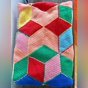 Vintage 60s/70s Colorful Geometric Crochet Knit Quilt Blanket